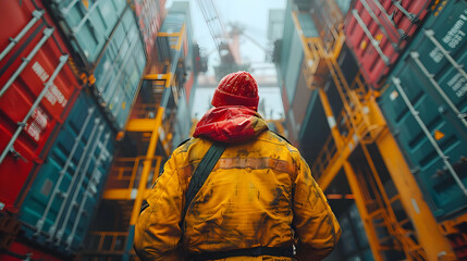 Obraz premium Worker in Yellow Suit Standing Between Shipping Containers Illustration