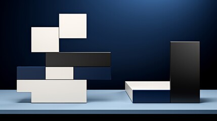 Abstract Geometric Composition with Blue, Black and White Shapes