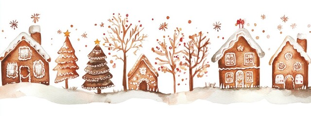 Watercolor illustration of gingerbread houses and trees in a hand drawn style for the holiday season