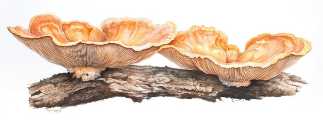 Watercolor illustration of shelf fungi or polypore on a white background