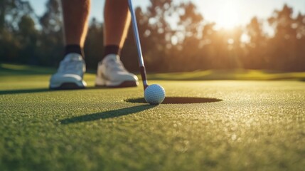 Golfer putting golf ball to the hole on green golf