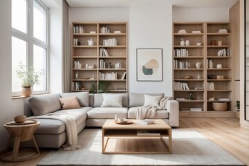 Modern Living Room with Sectional Sofa, Bookcases, and Abstract Art