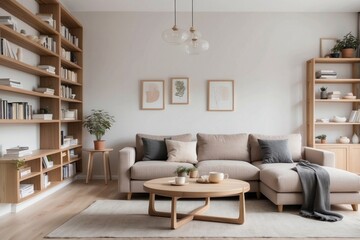 Modern Living Room with Sectional Sofa, Bookshelves, and Wooden Coffee Table