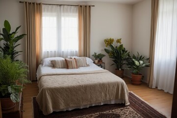 Fototapeta premium A bedroom with a bed, curtains, and plants