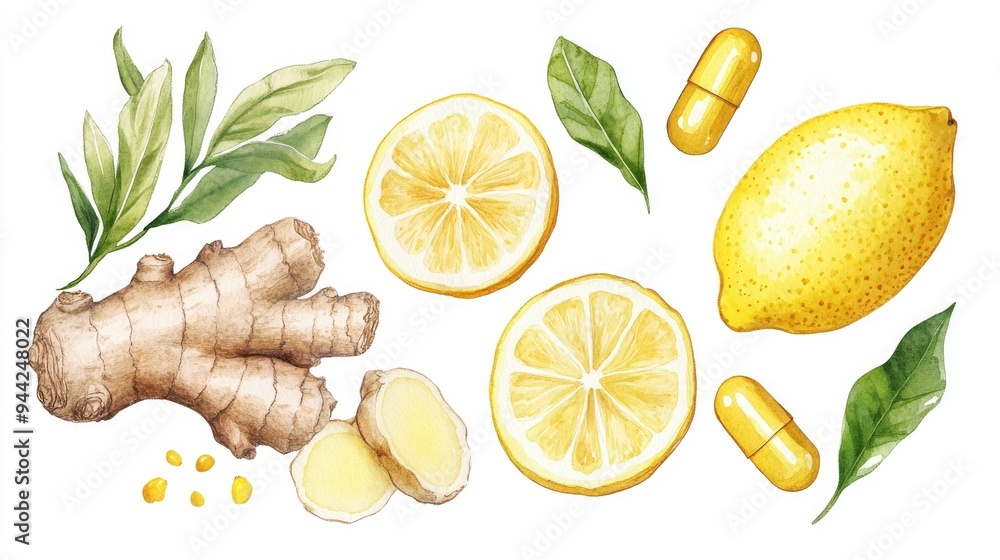 Poster watercolor illustration of a set featuring ginger and lemon includes ginger root and leaves along wi