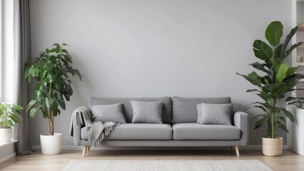 A Grey Sofa with Throw Blanket in a Minimalist Living Room