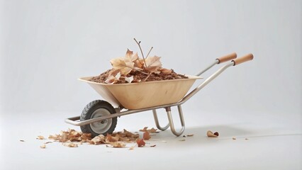 Wheelbarrow with Fallen Autumn Leaves and Earth on White Background with Copy Space