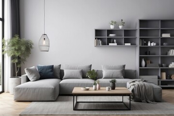 Modern Living Room with Grey Sectional Sofa and Black Metal Coffee Table