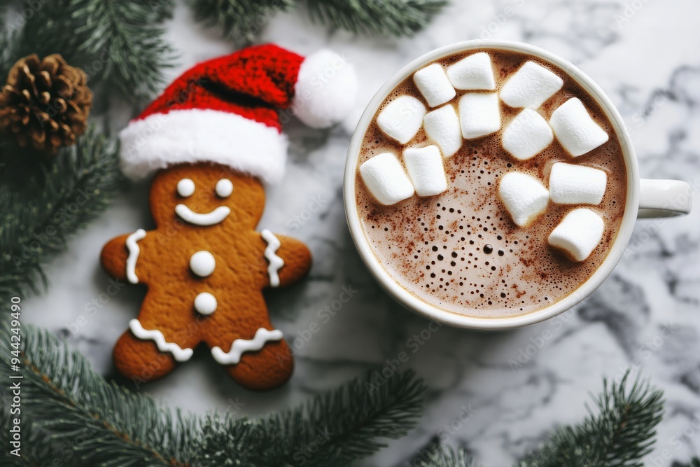 Wall mural christmas gingerbread man in santa hat cookie surrounded by mini marshmallows