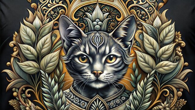 Abstract Print Featuring Cat, Churrigueresque Plants, and ASCII Art Elements for Web Design