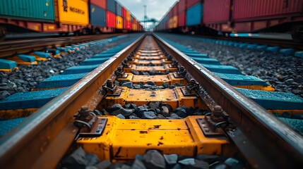 Close Up of Train Tracks with Blurred Freight Trains in the Background - Photo