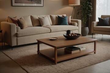 Fototapeta premium A living room with a brown coffee table and a white couch. The couch is covered in pillows and the coffee table has a bowl of fruit on it. The room has a cozy and inviting atmosphere