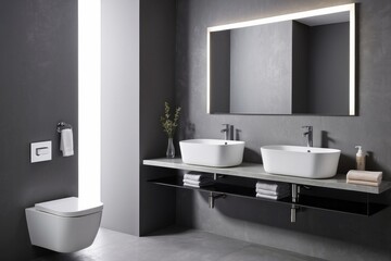 Fototapeta premium Modern Bathroom with Double Sink, Wall-Mounted Toilet, and Illuminated Mirror