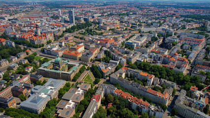 An Aerial panorama view around the old town of the city Leipzig on an early summer day in Germany.