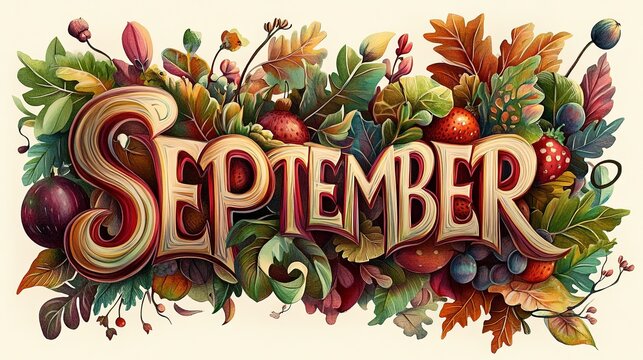 M83 Artistic "SEPTEMBER" in large, flowing watercolor letters, surrounded by an elaborate design of autumn leaves and fruits, with subtle light and shadow effects.