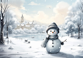 Obraz premium Snowman illustration in snowy landscape. Christmas celebration time