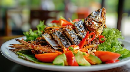 Detailed close-up of a plate with fried mackerel and fresh vegetables, set against a Thai-style house backdrop, highlighting the textures and presentation, no people.