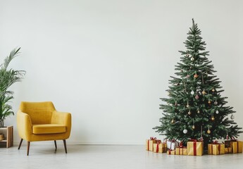 In the living room at home, a decorated Christmas tree sits surrounded by gifts