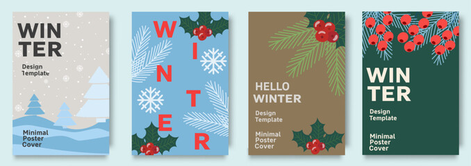 Set of winter greeting cards, posters, holiday covers template with festive holly leaves and berries, snowflakes. For seasonal greetings and promotions, banner, ads, social media