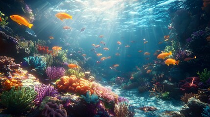Fototapeta premium Underwater coral reef with colorful fish and sea life, a vibrant marine landscape. An ocean underwater scene with sunlight filtering through the water