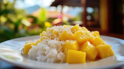 Detailed close-up of mango sticky rice drizzled with coconut milk on a plate, with a Thai house in the background, showcasing the dishas richness, no people.