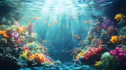 Underwater coral reef with colorful fish and sea life, a vibrant marine landscape. An ocean underwater scene with sunlight filtering through the water