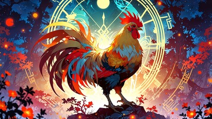 Fototapeta premium Chinese theme zodiac rooster in a mystical scene background