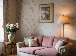 A living room with a couch, a lamp, and a vase of flowers