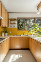 Modern Kitchen Interior with Large Windows and Natural Light