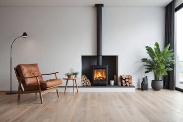 Fototapeta premium Cozy Living Room with Fireplace and Leather Armchair