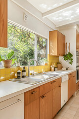 Fototapeta premium Modern Kitchen Interior with Large Windows and Natural Light