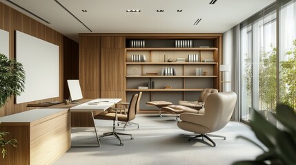 The spacious corner office features a blend of white and wooden elements. A meeting area boasts a board and chairs, while a shelf stores documents. 