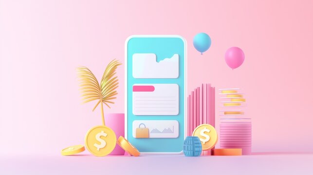 A digital wallet app showing a detailed budget breakdown, with categories for groceries, utilities, and entertainment, 3D illustration