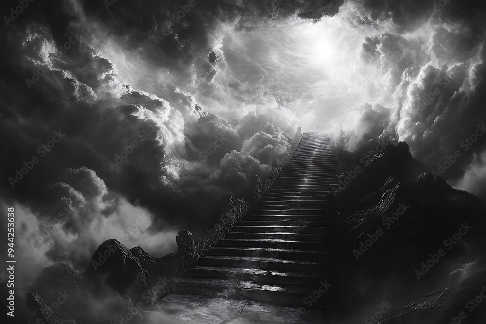 Poster A dark, atmospheric staircase leading to a light-filled sky, evoking a sense of mystery and transcendence.