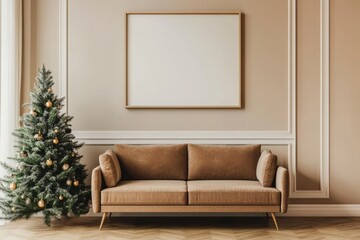There is a Christmas tree in the middle of an interior along with some gifts and a sofa.