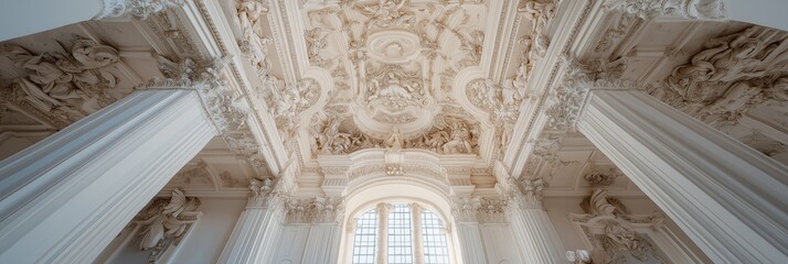 A high-ceiling ornate hall with intricate sculptures and grand architectural details in white and beige.