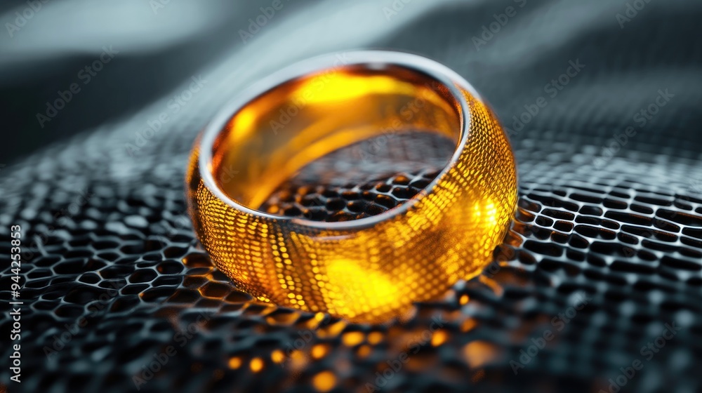 Poster 3d rendering featuring a vibrant yellow ring set within a metallic mesh design