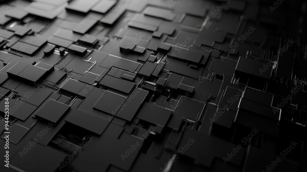 Poster 3d rendering of a black abstract geometric background suitable for advertising showcasing elements o