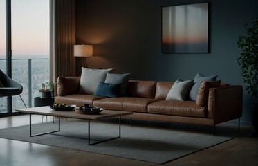 A brown leather couch is the main focus of the image, with a coffee table in front of it. The room is dimly lit, creating a cozy and intimate atmosphere. A potted plant is placed near the couch