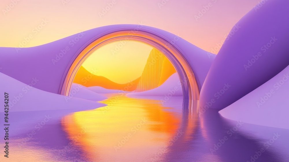 Poster 3d rendering of an abstract surreal landscape featuring a violet and yellow gradient sunset with hil