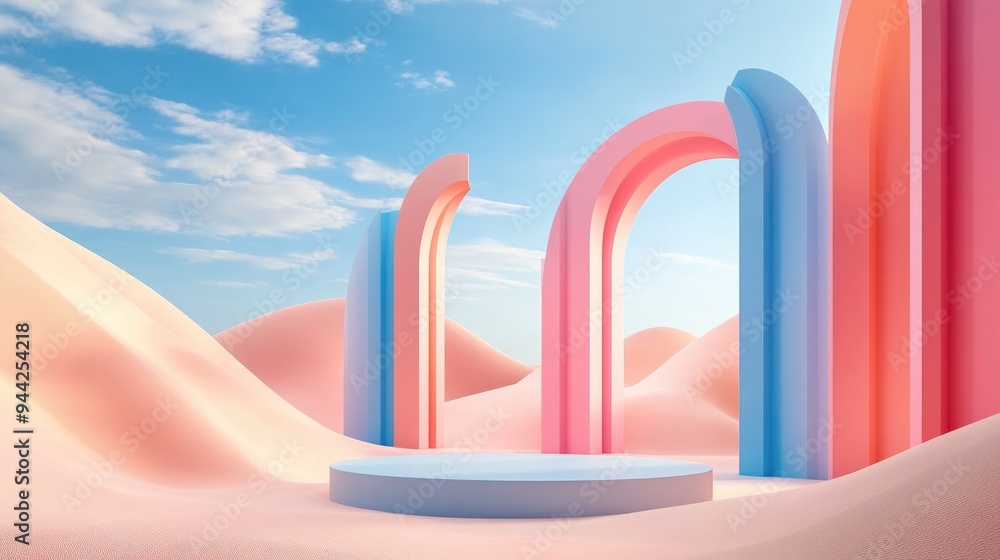 Poster 3d rendering of an abstract surreal pastel landscape featuring arches and a podium for product displ