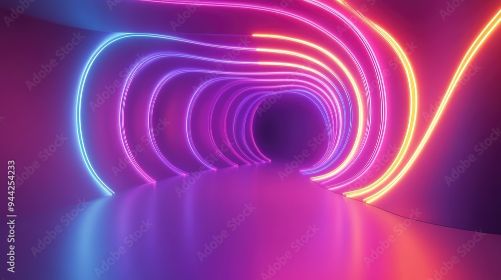 Poster 3d rendering of an abstract neon backdrop featuring vibrant glowing curved lines contemporary minima