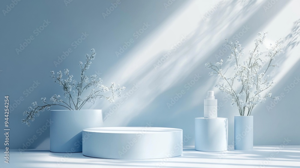 Poster 3d rendering of an empty product display background for cosmetic creams featuring a contemporary blu