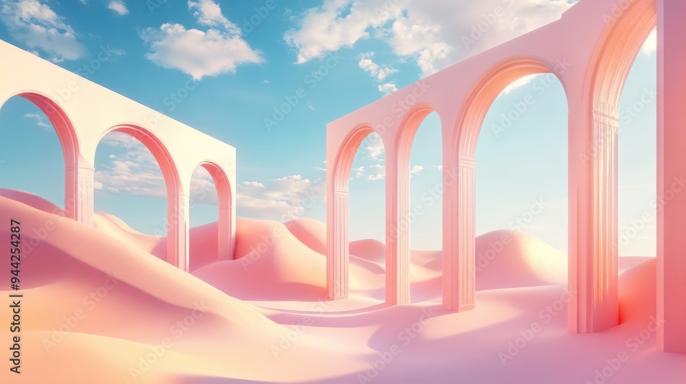 Poster 3d surreal pastel landscape featuring geometric shapes and abstract desert dunes panoramic view with