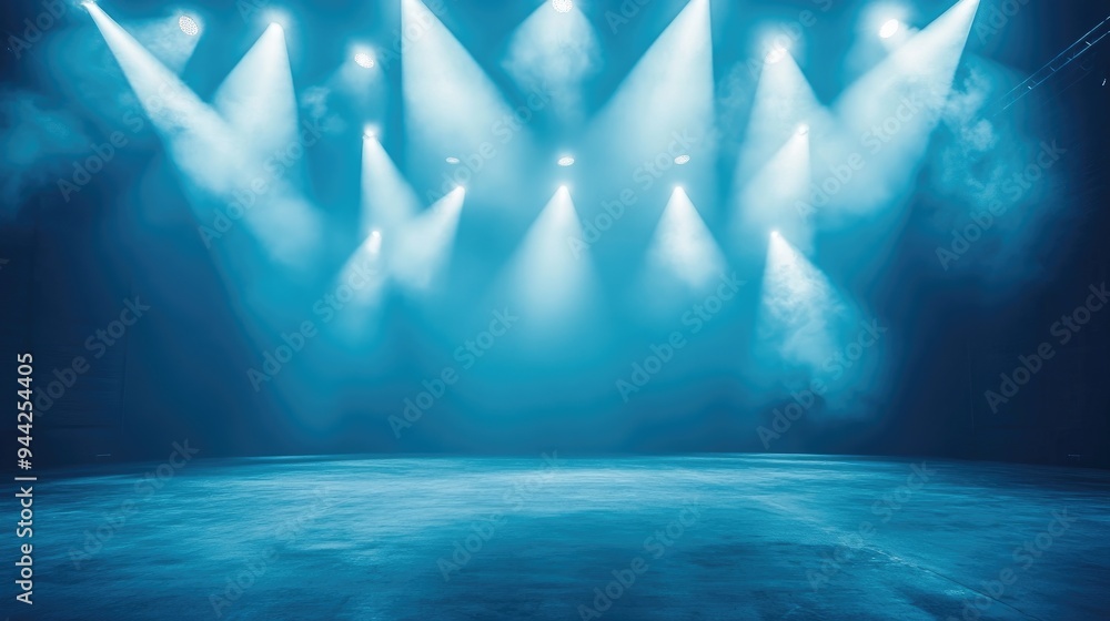 Poster bright white lights with a blue background spotlights highlight an empty stage in an abstract settin