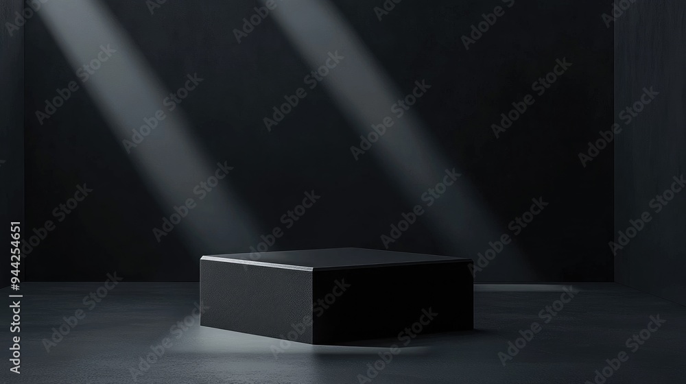 Poster black geometric block pedestal against a broad dark background with a mockup space 3d rendering
