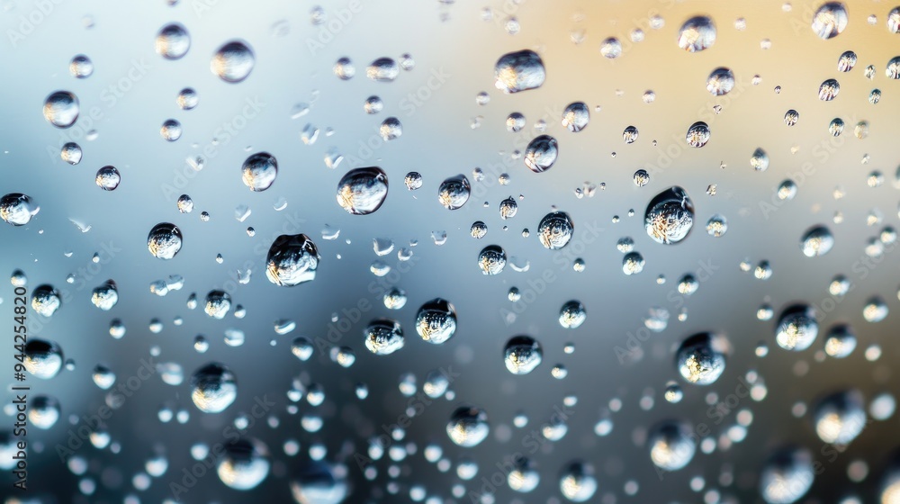 Poster a backdrop filled with diverse water droplets of varying sizes some round and others elongated from 