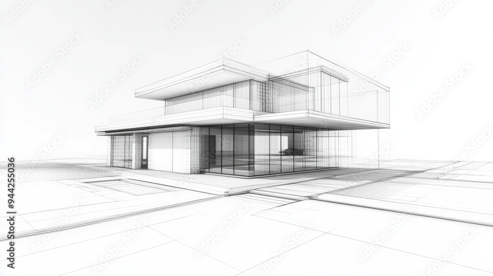 Poster abstract architectural design featuring a modern house plan 3d render of a wireframe low poly mesh c