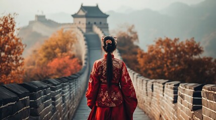 Fototapeta premium Woman in Red Walking on the Great Wall of China