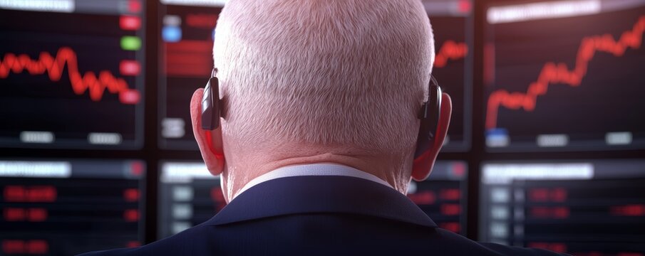 A stockbroker monitoring multiple screens, analyzing market trends and making rapid investment decisions, 3D illustration